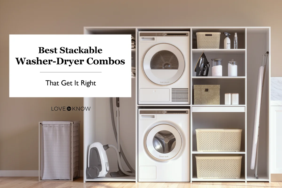 Laundry Room With Beige Wall And Parquet Floor With Stackable Washer and Dryer